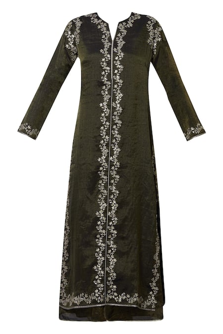 Shop_Nini Mishra_Gold Tissue Round Embroidered Long Kurta_Online_at_Aza_Fashions