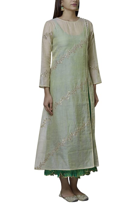 Nini Mishra_Gold Tissue Round Embroidered Long Kurta_Online_at_Aza_Fashions