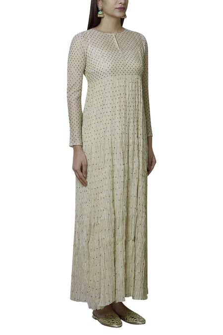 Nini Mishra_Beige Tissue Round Embellished Tiered Kurta_Online_at_Aza_Fashions