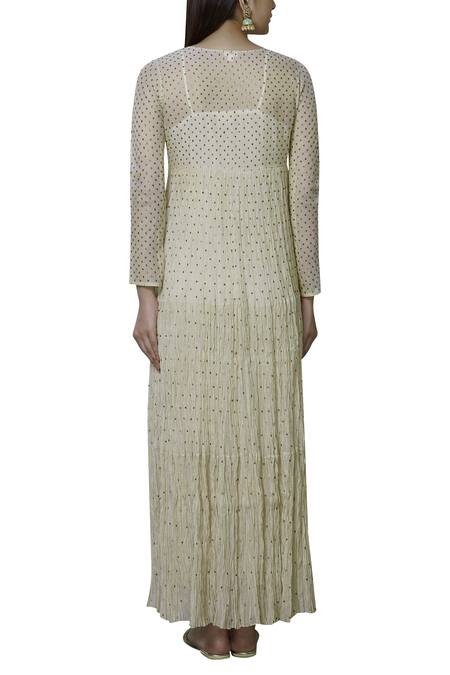 Shop_Nini Mishra_Beige Tissue Round Embellished Tiered Kurta_at_Aza_Fashions
