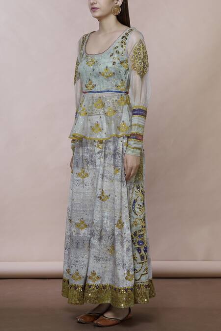 Poonam Dubey_Grey Cotton U Neck Embroidered Kurta Gharara Set_Online_at_Aza_Fashions