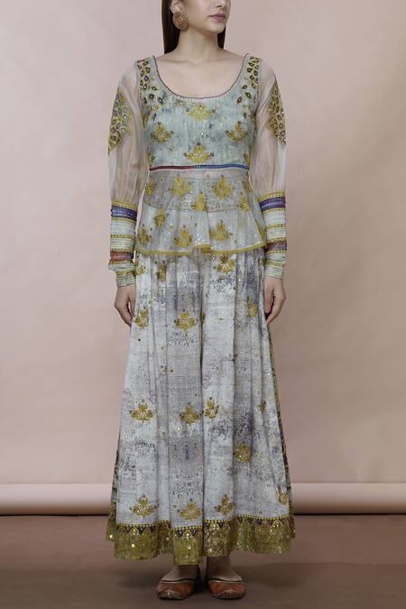 Buy_Poonam Dubey_Grey Cotton U Neck Embroidered Kurta Gharara Set_Online_at_Aza_Fashions