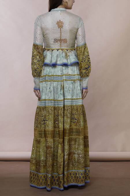 Shop Poonam Dubey Grey Cotton V Neck Embroidered Kurta Skirt Set at Aza Fashions Shop_Poonam Dubey_Grey Cotton V Neck Embroidered Kurta Skirt Set_at_Aza_Fashions