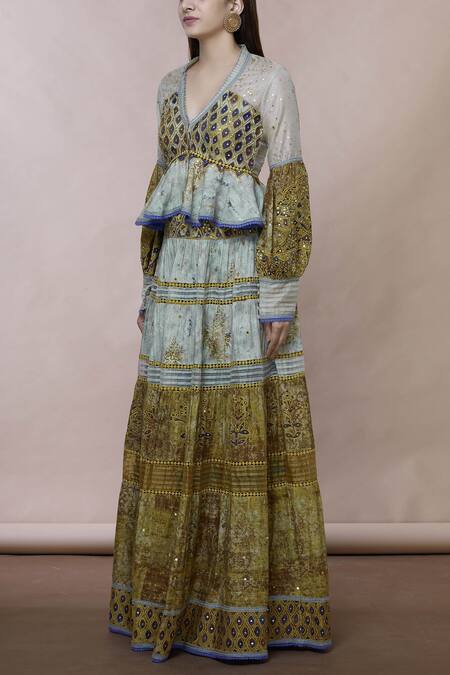 Poonam Dubey Grey Cotton V Neck Embroidered Kurta Skirt Set Online at Aza Fashions Poonam Dubey_Grey Cotton V Neck Embroidered Kurta Skirt Set_Online_at_Aza_Fashions