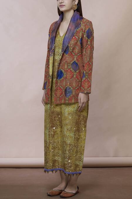 Poonam Dubey_Green Cotton Jacket Lapel Collar Dress V Neck Printed With_Online_at_Aza_Fashions