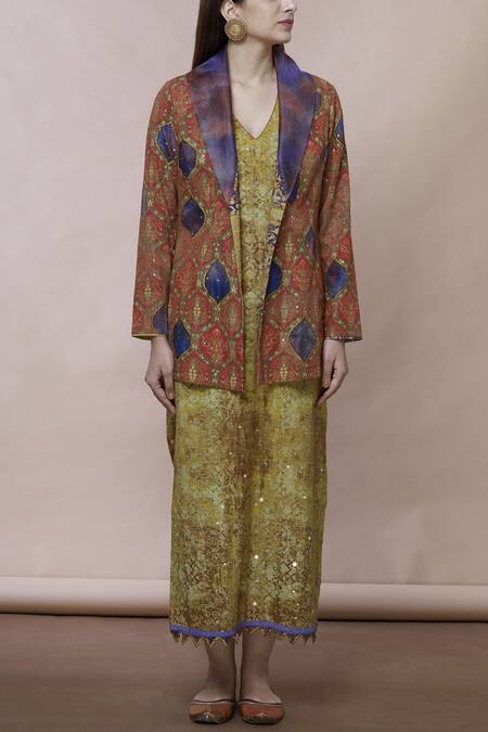 Buy_Poonam Dubey_Green Cotton Jacket Lapel Collar Dress V Neck Printed With_Online_at_Aza_Fashions