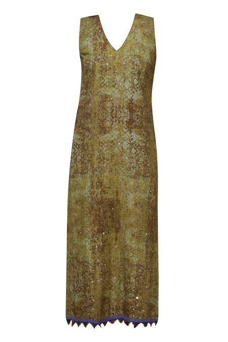 Shop_Poonam Dubey_Green Cotton Jacket Lapel Collar Dress V Neck Printed With_Online_at_Aza_Fashions