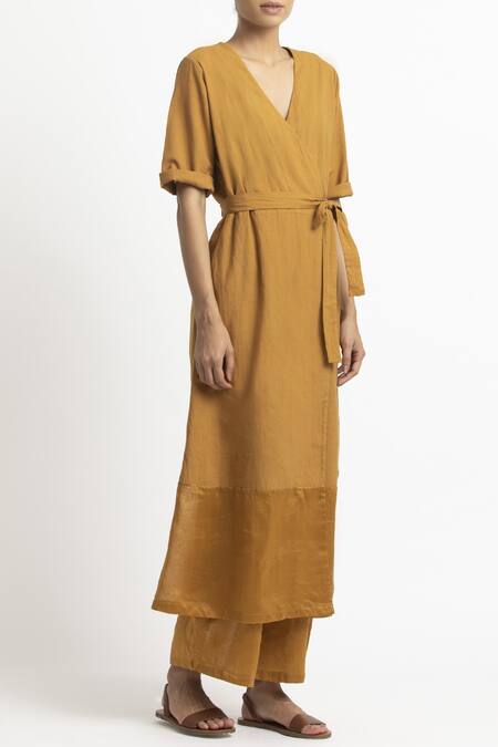 Three_Yellow Cotton V Neck Midi Wrap Dress _Online_at_Aza_Fashions