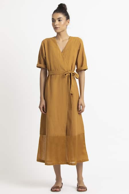 Buy_Three_Yellow Cotton V Neck Midi Wrap Dress _Online_at_Aza_Fashions