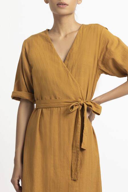 Shop_Three_Yellow Cotton V Neck Midi Wrap Dress _Online_at_Aza_Fashions