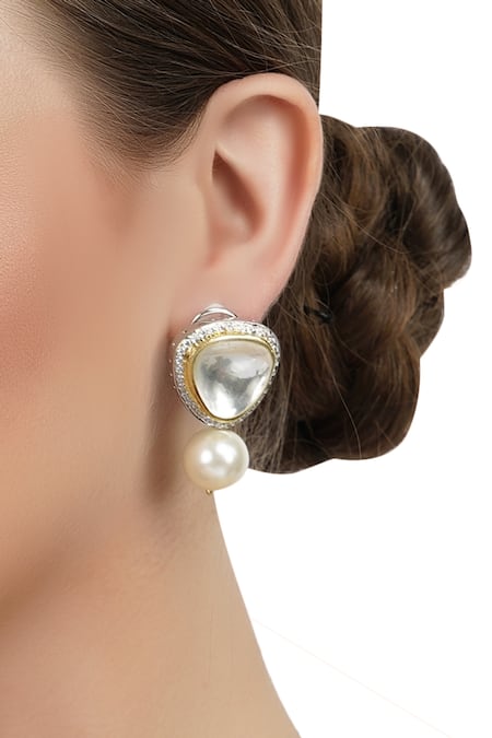 Shop_Auraa Trends_Gold Plated Pearls, Gota Patti Kundan Stud Earrings _at_Aza_Fashions