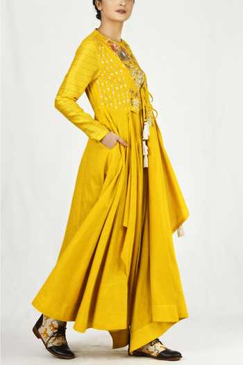 Jajaabor_Yellow Cotton Embroidered Anarkali Set_Online_at_Aza_Fashions