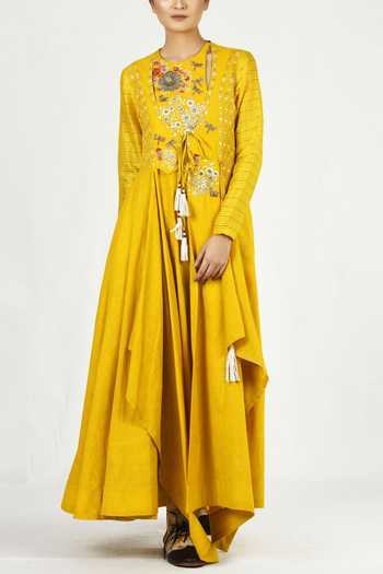 Shop_Jajaabor_Yellow Cotton Embroidered Anarkali Set_Online_at_Aza_Fashions