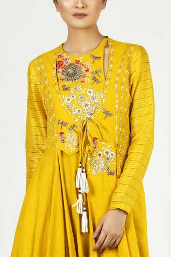 Jajaabor Yellow Cotton Embroidered Anarkali Set at Aza Fashions Jajaabor_Yellow Cotton Embroidered Anarkali Set_at_Aza_Fashions