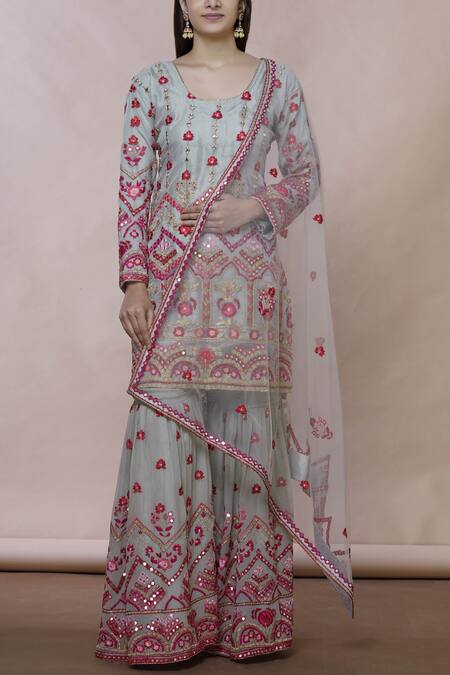 Abhi Singh Grey Organza, Net, Georgette Round Embroidered Kurta Sharara Set Online at Aza Fashions Abhi Singh_Grey Organza, Net, Georgette Round Embroidered Kurta Sharara Set _Online_at_Aza_Fashions