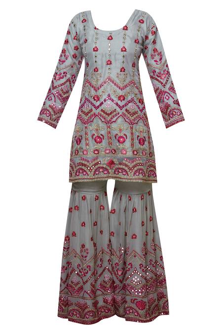 Buy Abhi Singh Grey Organza, Net, Georgette Round Embroidered Kurta Sharara Set Online at Aza Fashions Buy_Abhi Singh_Grey Organza, Net, Georgette Round Embroidered Kurta Sharara Set _Online_at_Aza_Fashions