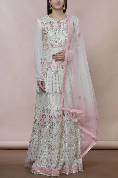 Buy_Abhi Singh_White Georgette Round Embroidered Anarkali With Dupatta _Online_at_Aza_Fashions