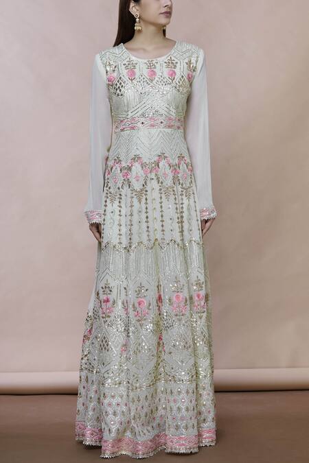 Shop_Abhi Singh_White Georgette Round Embroidered Anarkali With Dupatta _Online_at_Aza_Fashions