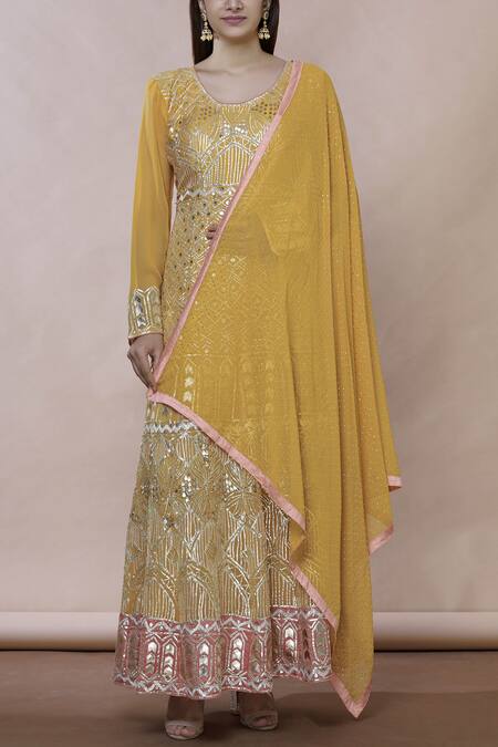 Buy_Abhi Singh_Yellow Georgette Round Embroidered Anarkali With Dupatta _Online_at_Aza_Fashions
