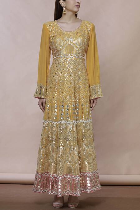 Shop_Abhi Singh_Yellow Georgette Round Embroidered Anarkali With Dupatta _Online_at_Aza_Fashions