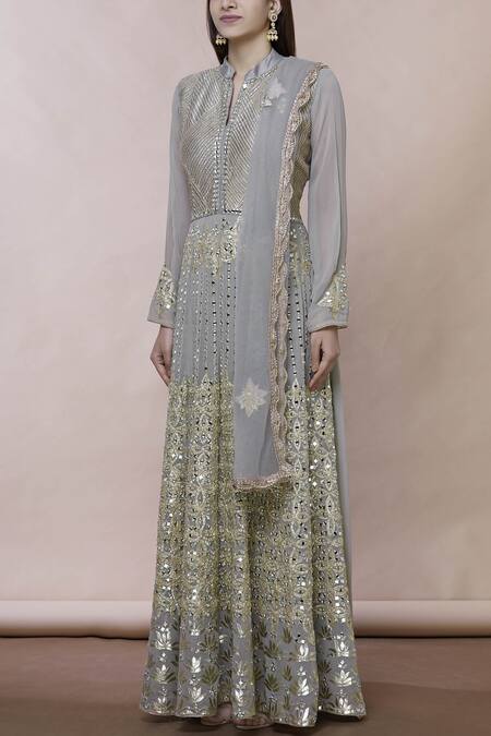 Abhi Singh_Grey Georgette Mandarin Collar Embroidered Anarkali With Dupatta _Online_at_Aza_Fashions