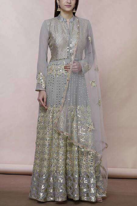 Buy_Abhi Singh_Grey Georgette Mandarin Collar Embroidered Anarkali With Dupatta _Online_at_Aza_Fashions