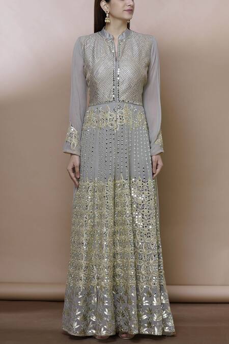 Shop_Abhi Singh_Grey Georgette Mandarin Collar Embroidered Anarkali With Dupatta _Online_at_Aza_Fashions