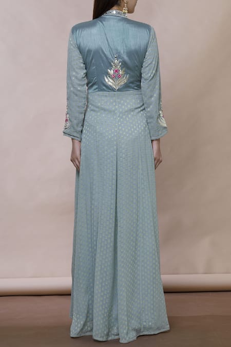 Shop Abhi Singh Grey Georgette Mandarin Collar Embroidered Anarkali With Dupatta at Aza Fashions Shop_Abhi Singh_Grey Georgette Mandarin Collar Embroidered Anarkali With Dupatta _at_Aza_Fashions