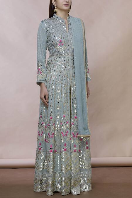 Abhi Singh Grey Georgette Mandarin Collar Embroidered Anarkali With Dupatta Online at Aza Fashions Abhi Singh_Grey Georgette Mandarin Collar Embroidered Anarkali With Dupatta _Online_at_Aza_Fashions