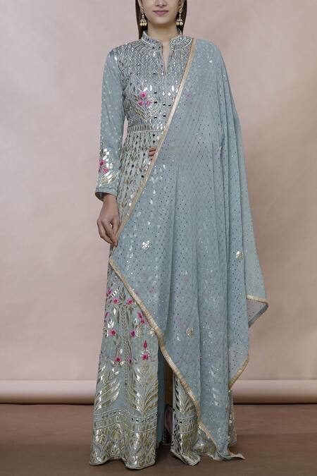 Buy Abhi Singh Grey Georgette Mandarin Collar Embroidered Anarkali With Dupatta Online at Aza Fashions Buy_Abhi Singh_Grey Georgette Mandarin Collar Embroidered Anarkali With Dupatta _Online_at_Aza_Fashions
