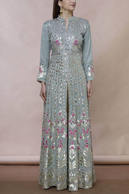 Shop Abhi Singh Grey Georgette Mandarin Collar Embroidered Anarkali With Dupatta Online at Aza Fashions Shop_Abhi Singh_Grey Georgette Mandarin Collar Embroidered Anarkali With Dupatta _Online_at_Aza_Fashions