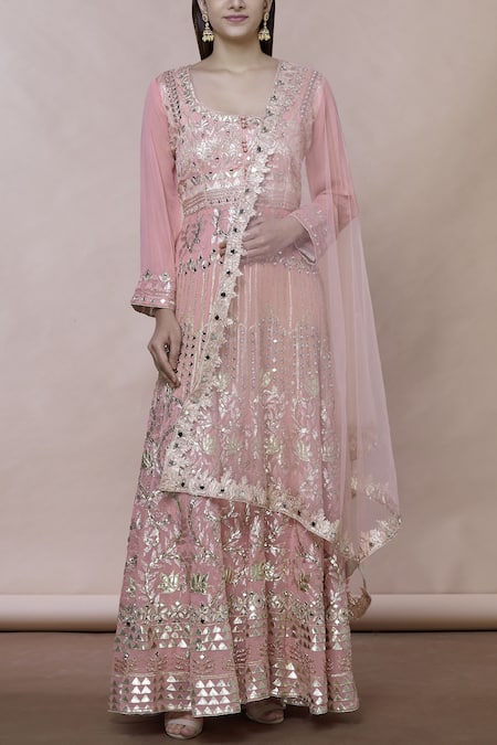 Buy_Abhi Singh_Pink Georgette Round Embroidered Anarkali With Dupatta _Online_at_Aza_Fashions