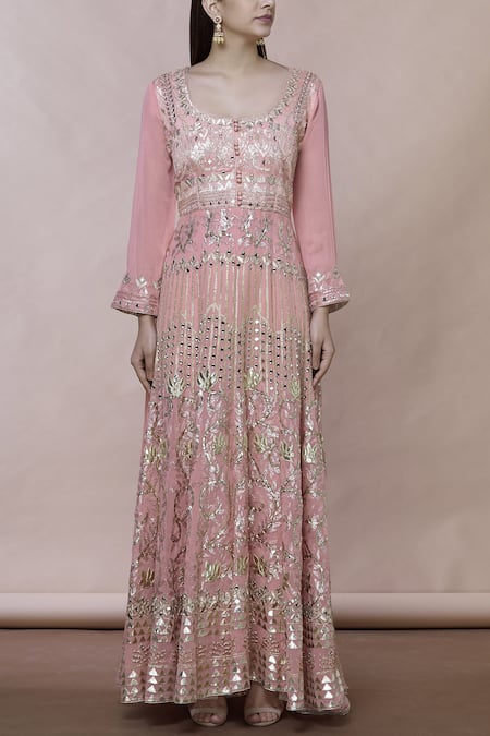Shop_Abhi Singh_Pink Georgette Round Embroidered Anarkali With Dupatta _Online_at_Aza_Fashions