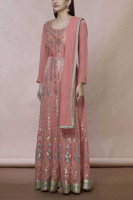 Abhi Singh Pink Georgette Round Embroidered Anarkali With Dupatta Online at Aza Fashions Abhi Singh_Pink Georgette Round Embroidered Anarkali With Dupatta _Online_at_Aza_Fashions
