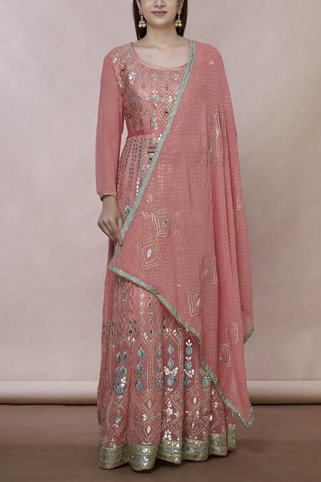 Buy Abhi Singh Pink Georgette Round Embroidered Anarkali With Dupatta Online at Aza Fashions Buy_Abhi Singh_Pink Georgette Round Embroidered Anarkali With Dupatta _Online_at_Aza_Fashions