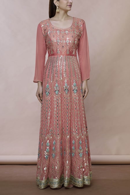 Shop Abhi Singh Pink Georgette Round Embroidered Anarkali With Dupatta Online at Aza Fashions Shop_Abhi Singh_Pink Georgette Round Embroidered Anarkali With Dupatta _Online_at_Aza_Fashions