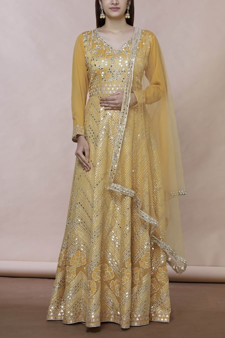 Buy_Abhi Singh_Yellow Georgette V Neck Embroidered Anarkali With Dupatta _Online_at_Aza_Fashions