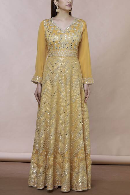 Shop_Abhi Singh_Yellow Georgette V Neck Embroidered Anarkali With Dupatta _Online_at_Aza_Fashions