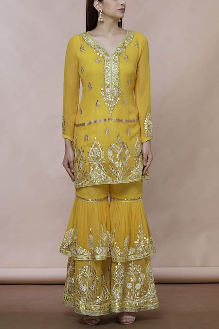 Buy_Abhi Singh_Yellow Georgette Leaf-shaped Embroidered Kurta Sharara Set _Online_at_Aza_Fashions