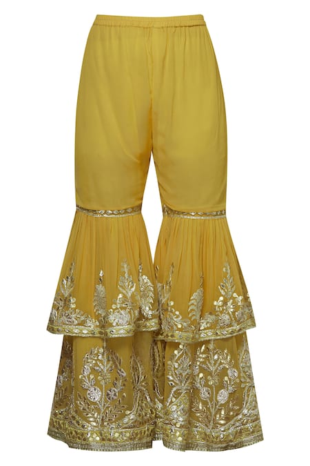 Shop_Abhi Singh_Yellow Georgette Leaf-shaped Embroidered Kurta Sharara Set _Online_at_Aza_Fashions