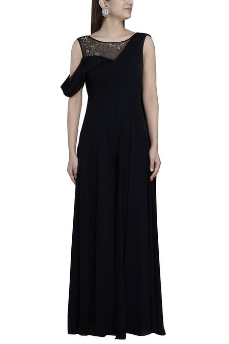 Shop_Esha Koul_Black Net, Georgette Wide Neck Draped Jumpsuit_Online_at_Aza_Fashions
