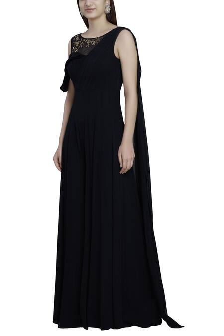 Buy_Esha Koul_Black Net, Georgette Wide Neck Draped Jumpsuit_Online_at_Aza_Fashions
