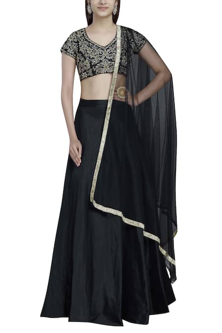 Buy_Esha Koul_Black Silk, Net, V Neck Lehenga Set _Online_at_Aza_Fashions
