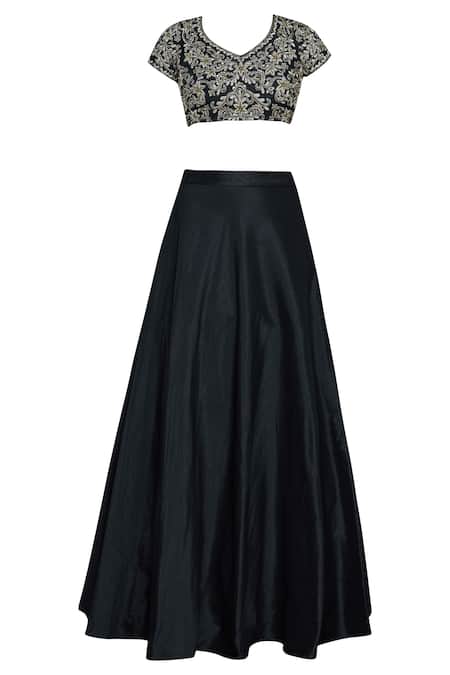 Shop_Esha Koul_Black Silk, Net, V Neck Lehenga Set _Online_at_Aza_Fashions