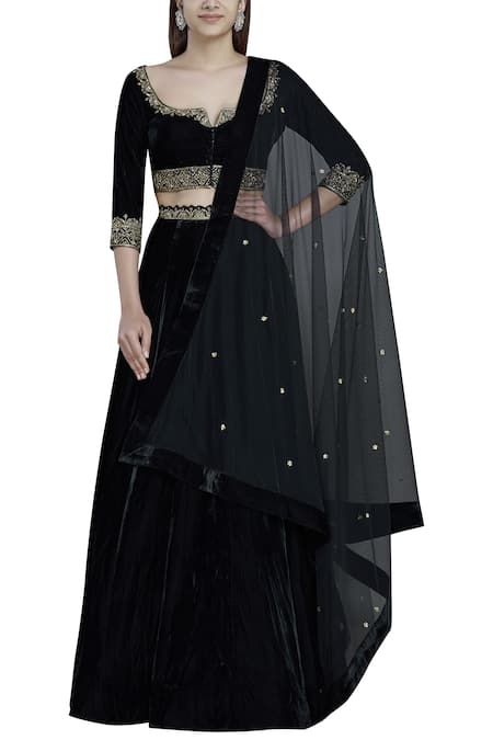 Buy_Esha Koul_Black Net, Velvet, Square Neck Lehenga Set _Online_at_Aza_Fashions