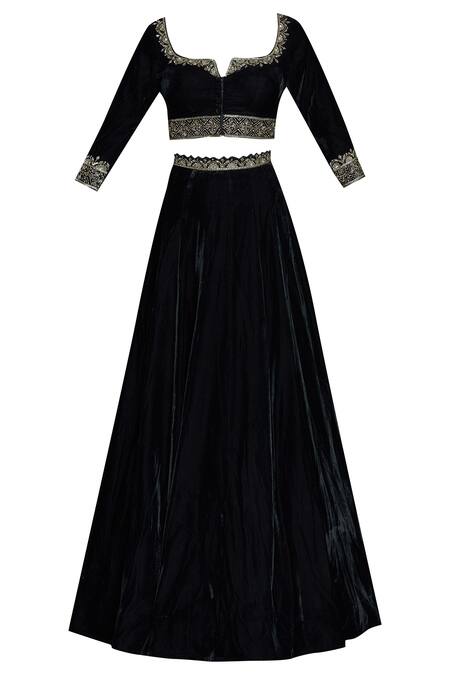 Shop_Esha Koul_Black Net, Velvet, Square Neck Lehenga Set _Online_at_Aza_Fashions