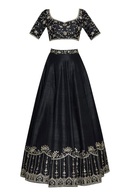 Shop Esha Koul Black Silk, Organza Square Neck Embroidered Lehenga Set Online at Aza Fashions Shop_Esha Koul_Black Silk, Organza Square Neck Embroidered Lehenga Set _Online_at_Aza_Fashions