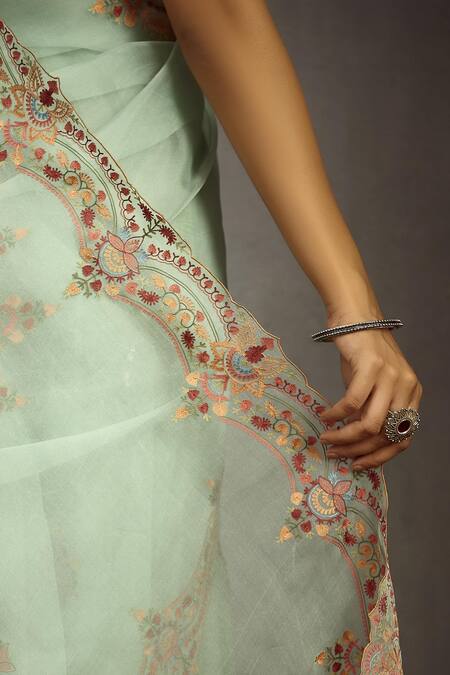 Shop_Torani_Green Organza Embroidered Saree_Online_at_Aza_Fashions