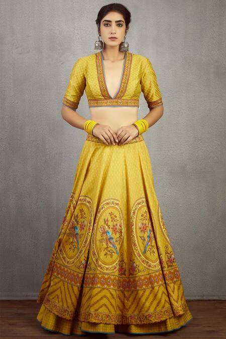 Buy_Torani_Yellow Chanderi Printed Lehenga Set_Online_at_Aza_Fashions