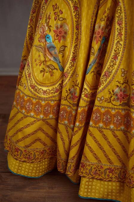 Torani_Yellow Chanderi Printed Lehenga Set_at_Aza_Fashions